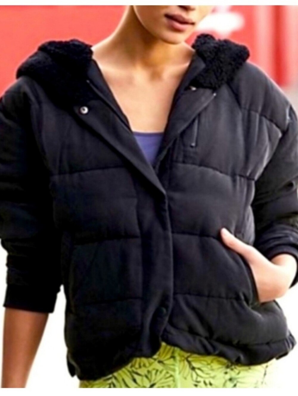 Free People X Movement Chill Factor Black Women's Puffer Jacket with Sherpa Hood